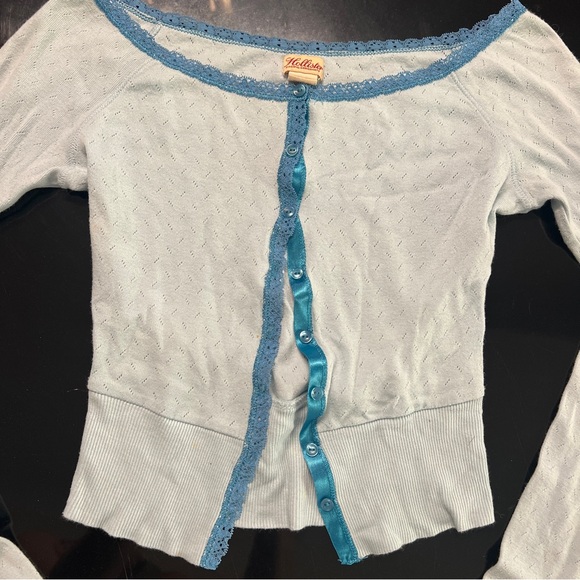 Rare Vintage y2k Hollister Blue Lace-Trim Cardigan top size small - Picture 2 of 9